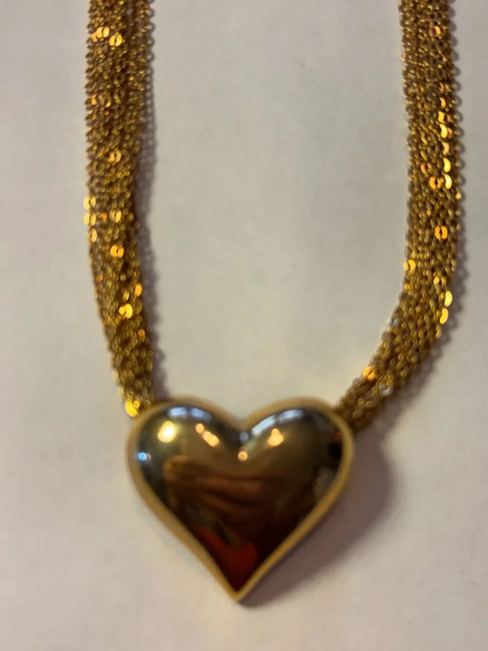 Vintage Gold Tone 10 Strand Chain with Puffy Heart Necklace & Matching Earrings